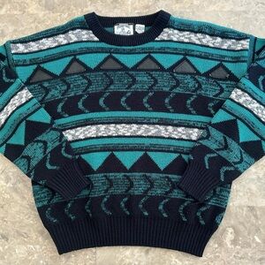Vintage 90s Fashion Police Sweater Teal Black Geometric Knit L 23x24 Korea